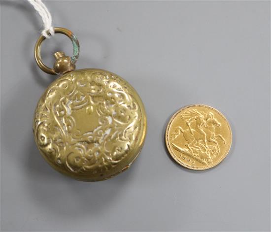 An Edward VII 1902 gold half sovereign and a base metal sovereign case.